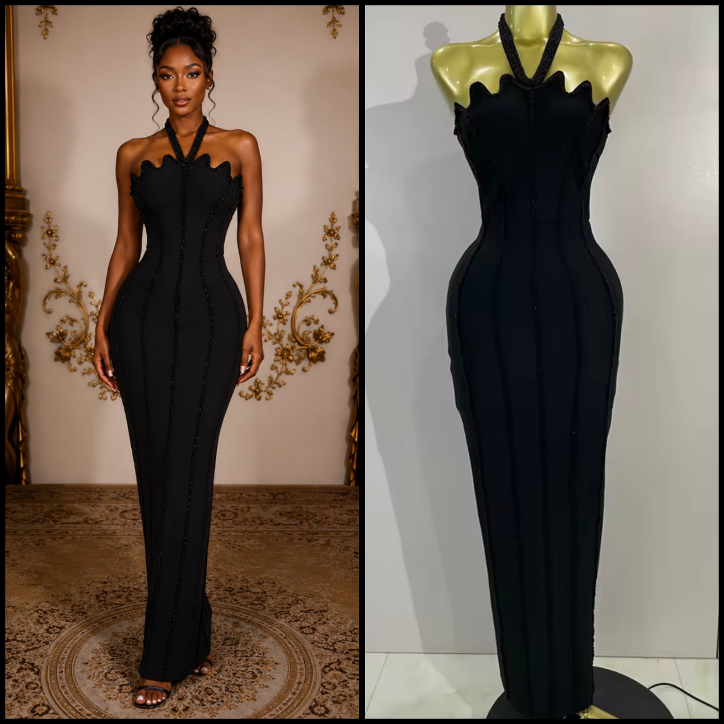 Black Beaded Halter Sleeveless Sexy Maxi Dress
