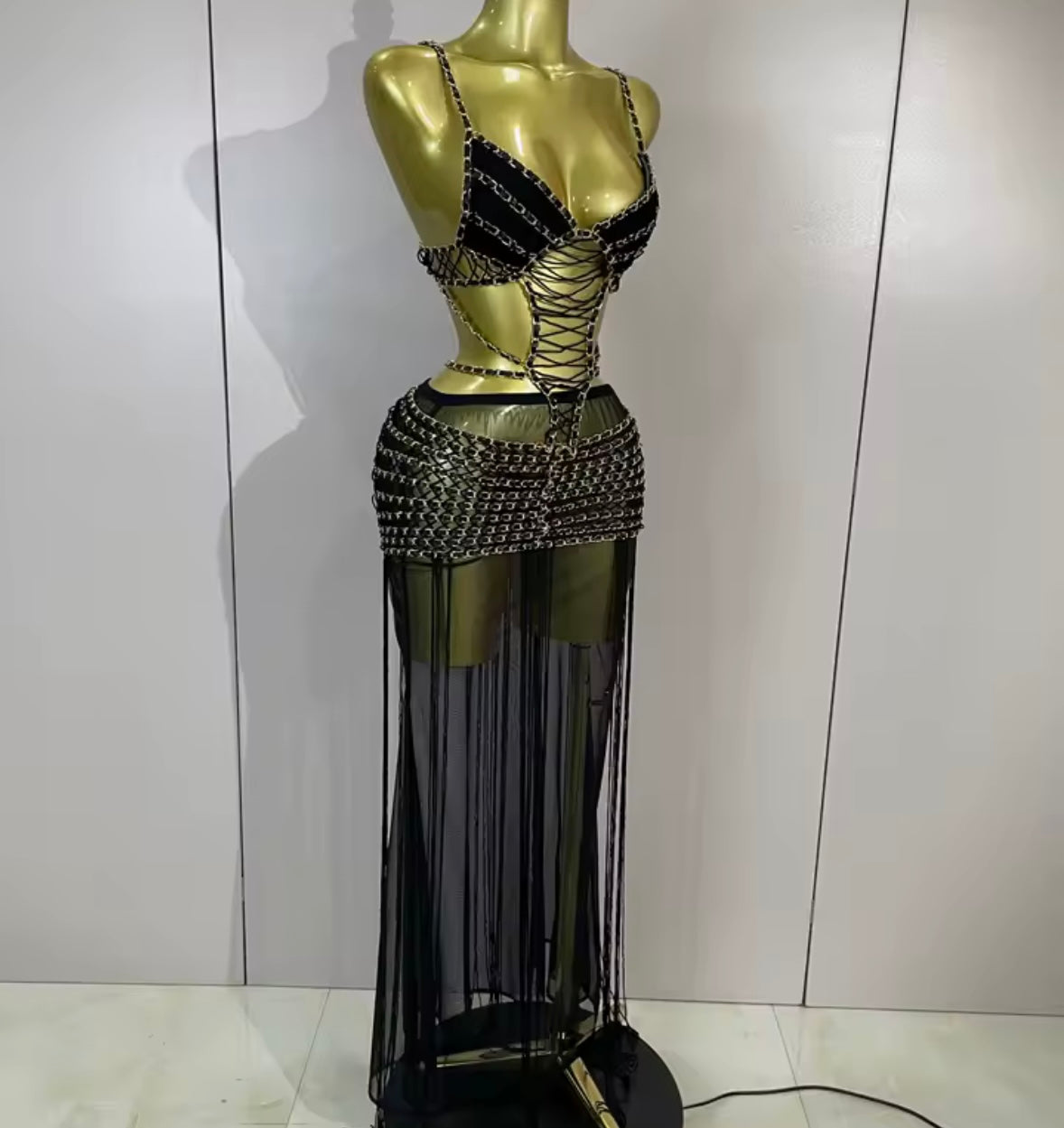 Women Black Sleeveless Chain Open Back Sexy Maxi Dress