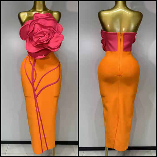 Elegant Orange Floral Strapless Floor-Length Dress