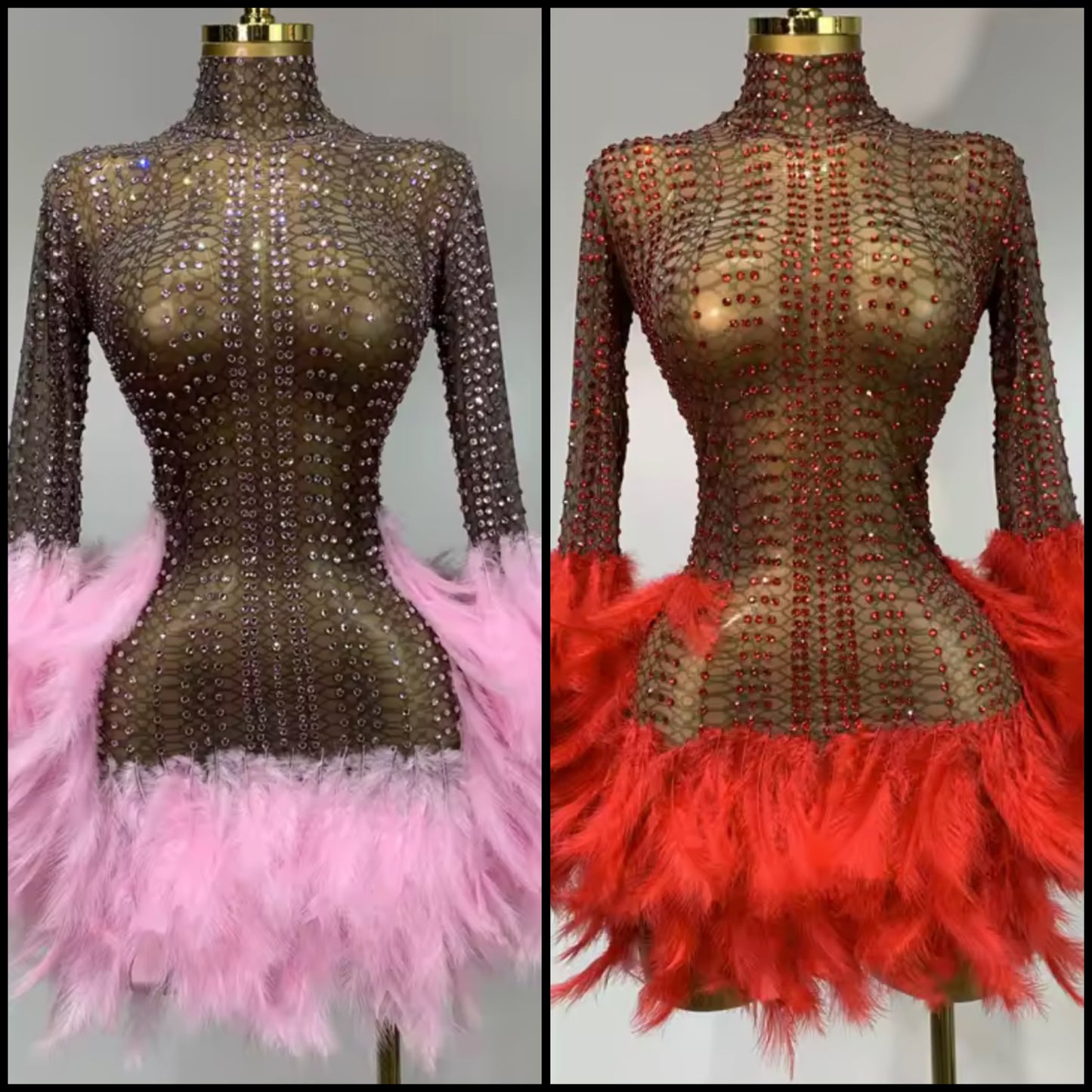 Sexy See Through Rhinestone Feather Full Sleeve Dress