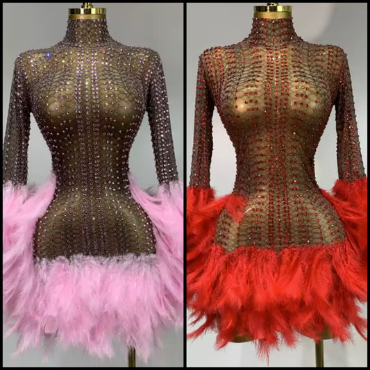 Sexy See Through Rhinestone Feather Full Sleeve Dress