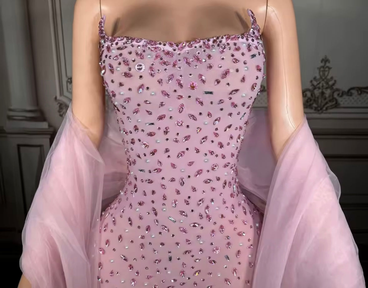 Pink Sexy Sleeveless Rhinestone Embellishment Floor-Length Dress