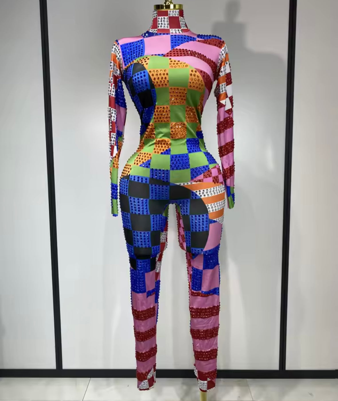 Multicolored Rhinestone Full Sleeve Jumpsuit