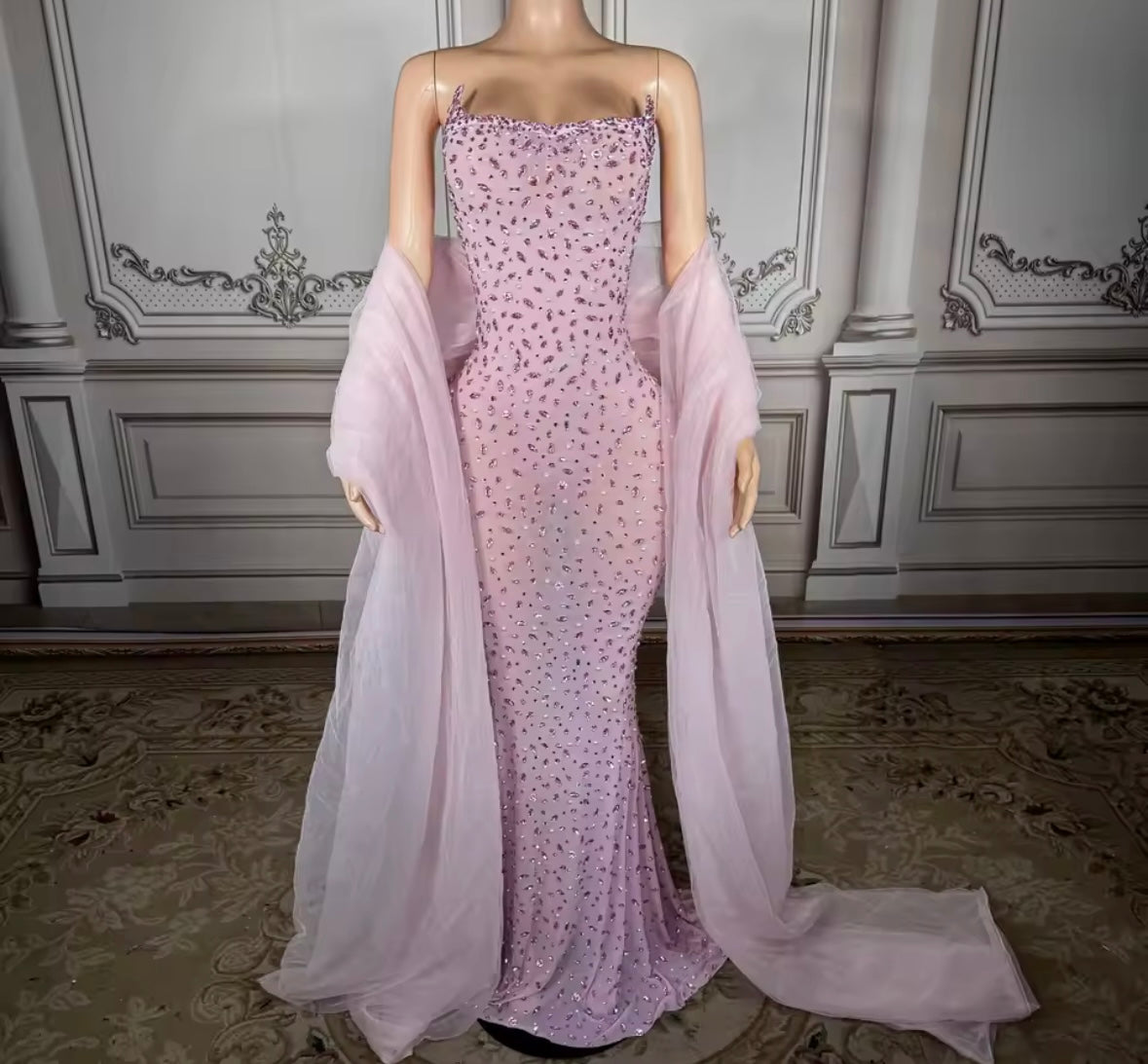 Pink Sexy Sleeveless Rhinestone Embellishment Floor-Length Dress