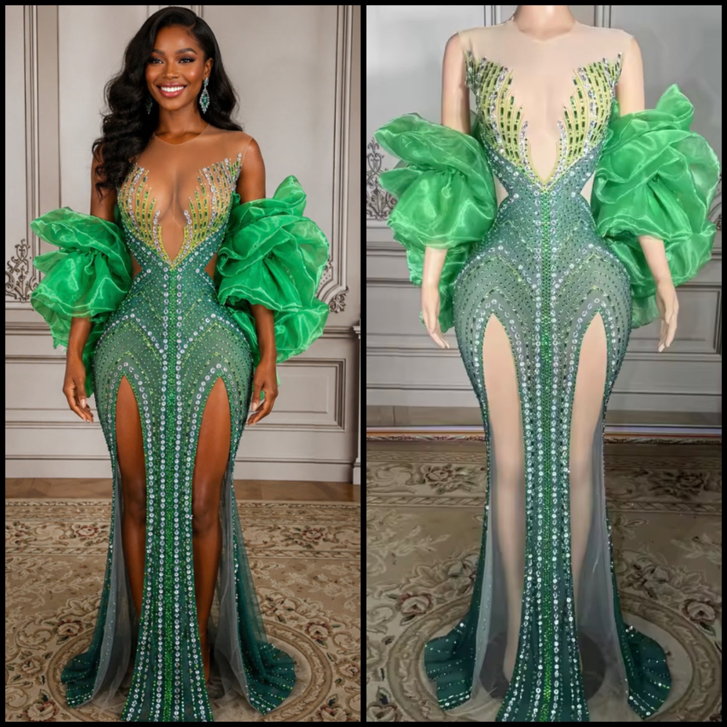 Sexy Green Puff Ruffled Sleeve Rhinestone Front Splits Maxi Dress