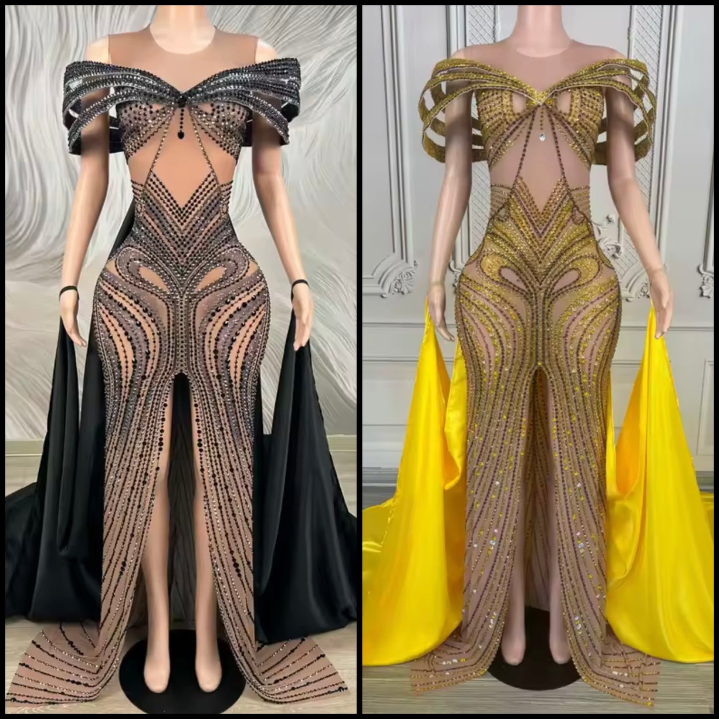 Elegant Color Rhinestone Font Split Floor-Length Dress