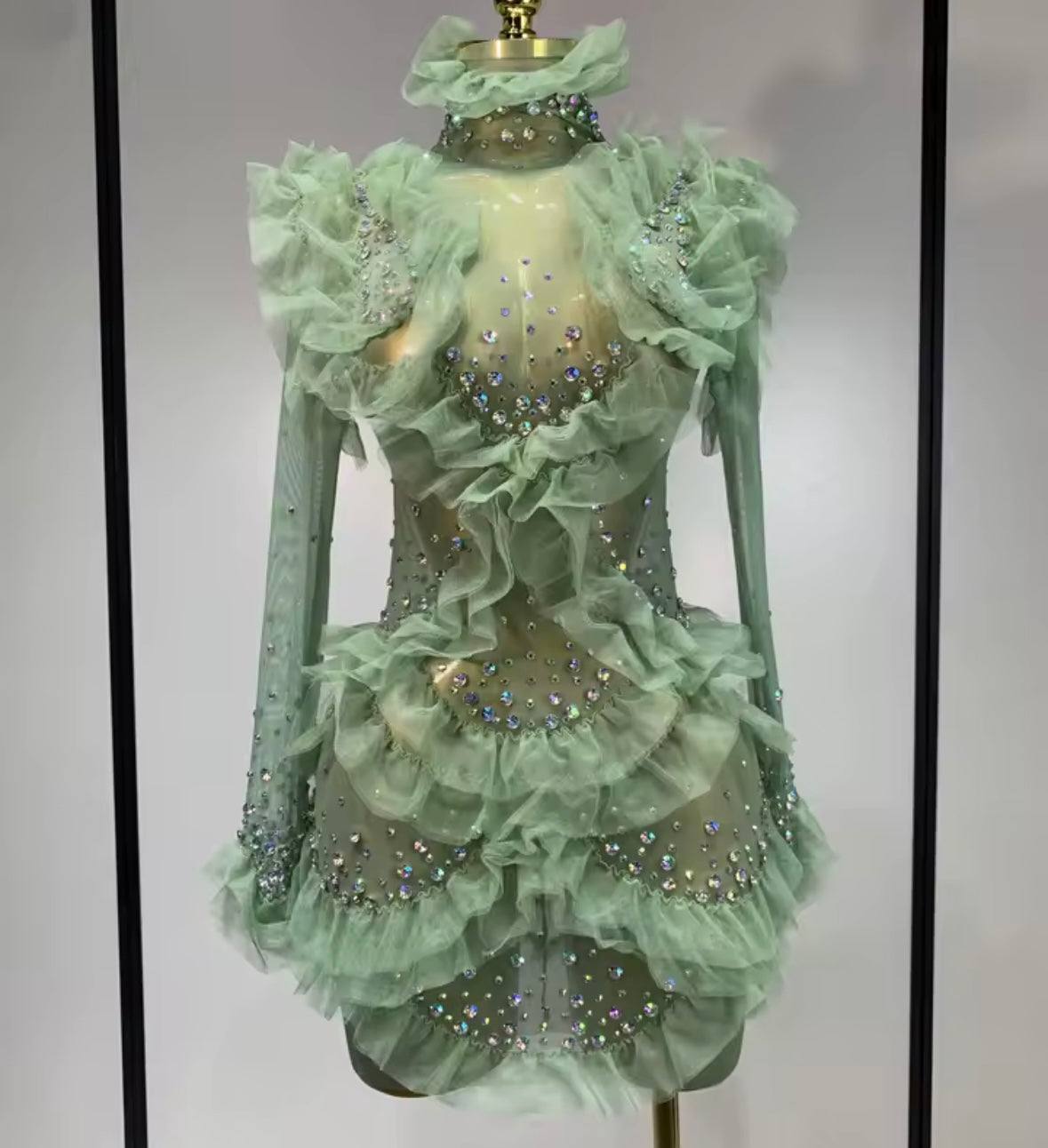 Green Sexy Ruffled See Through Full Sleeve Rhinestone Dress