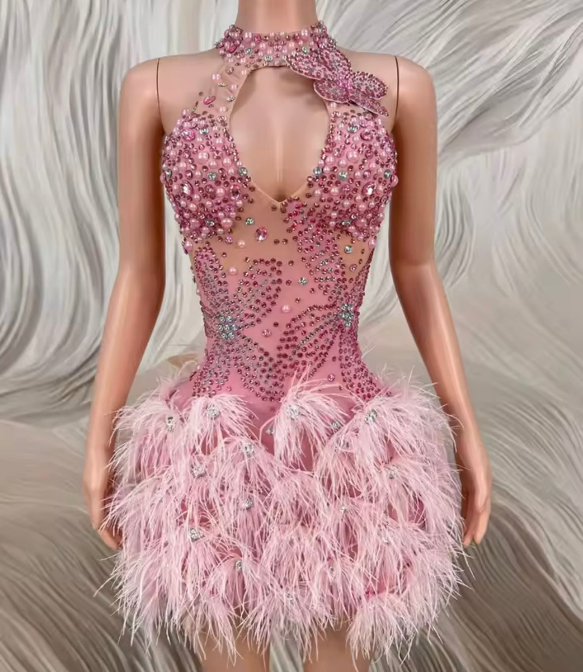Sexy Pink Sleeveless Beaded Rhinestone Feather Dress