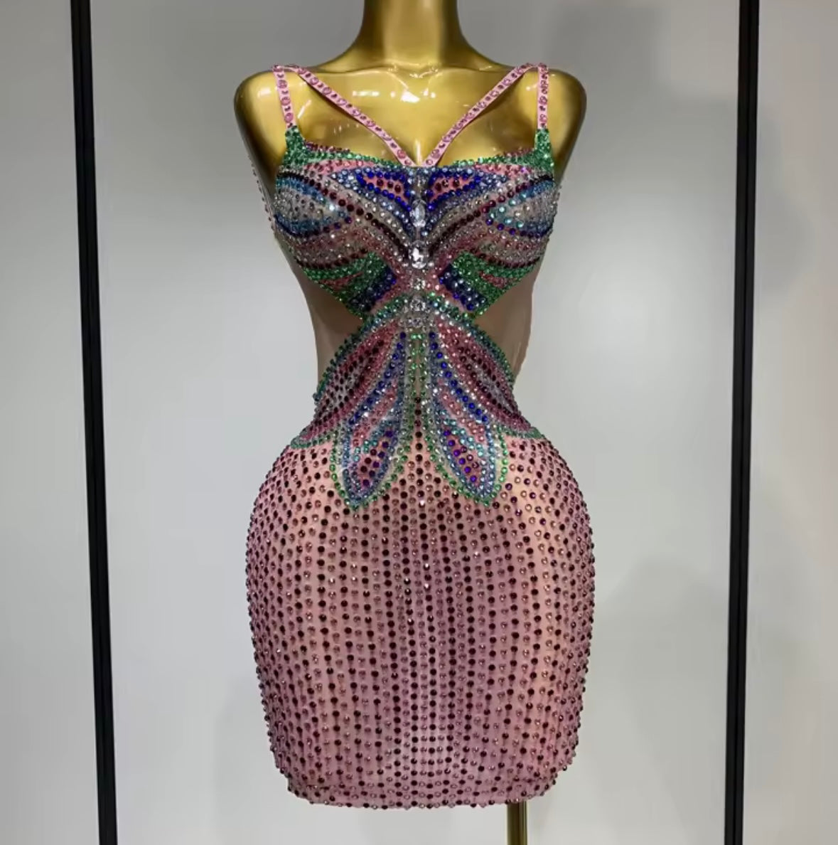 Sexy Sleeveless Multicolored Rhinestone See Through Dress