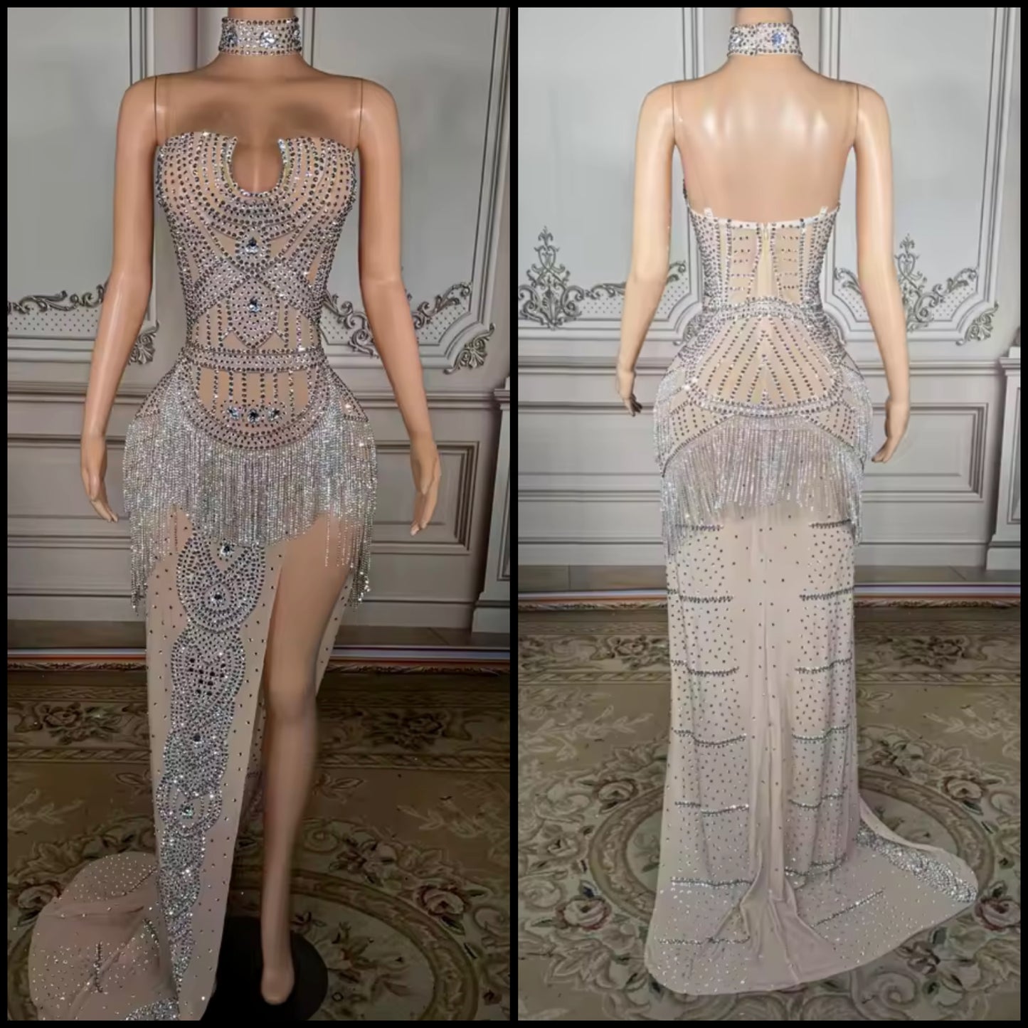 Sexy Choker Sleeveless Side Split Rhinestone Tassel Maxi Dress