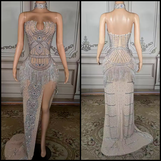 Sexy Choker Sleeveless Side Split Rhinestone Tassel Maxi Dress