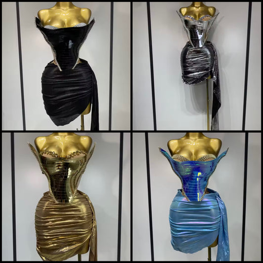 Color Rhinestone Strapless Corset Two Piece PU Tassel Skirt Set