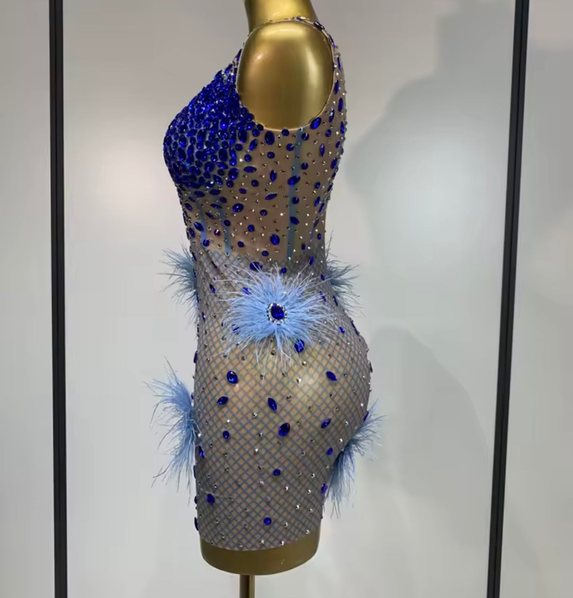 Sexy Sleeveless See Through Blue Rhinestone Feather Dress