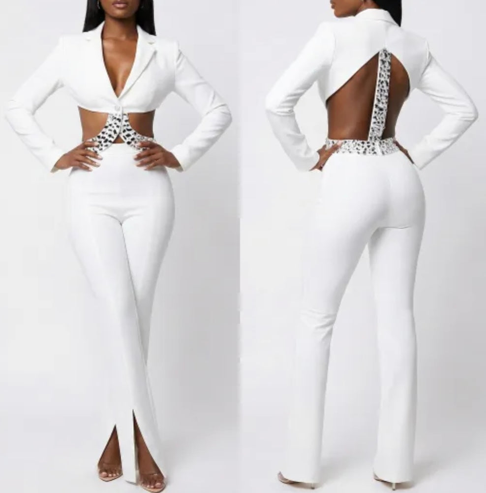 Sexy Crystal Beaded Embellished Band Blazer Two Piece Pant Set
