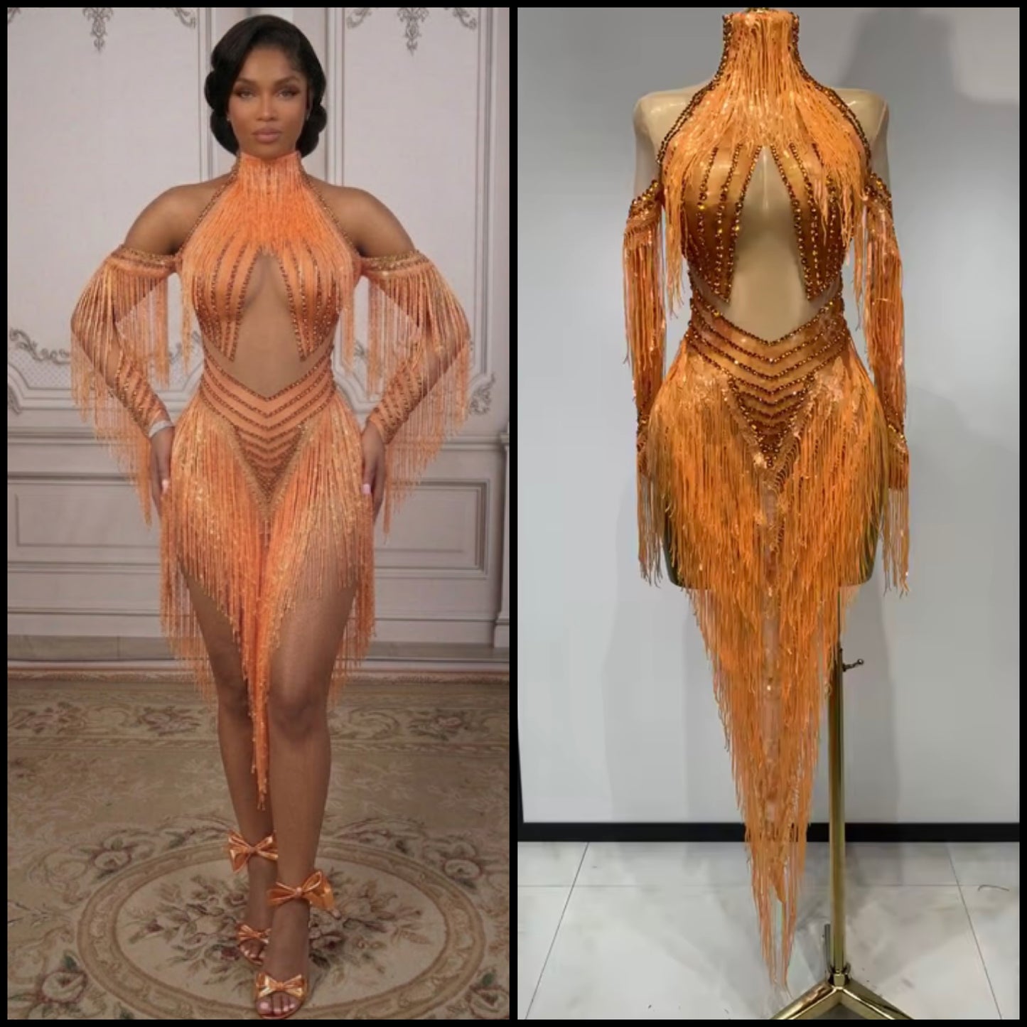 Sexy Orange Rhinestone Fringe Tassel Asymmetrical Dress