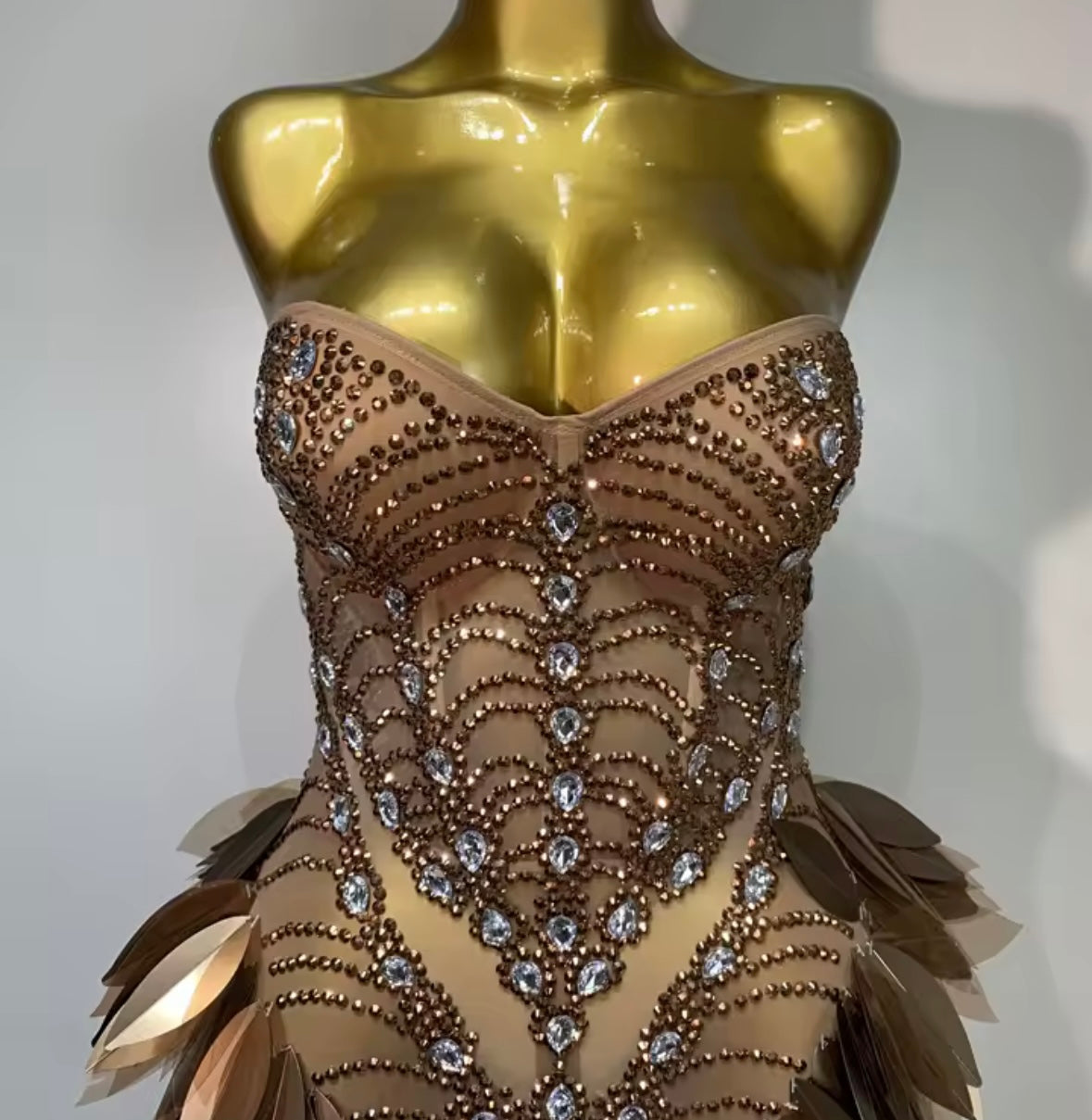 Elegant Brown Rhinestone Strapless Floor-Length Dress