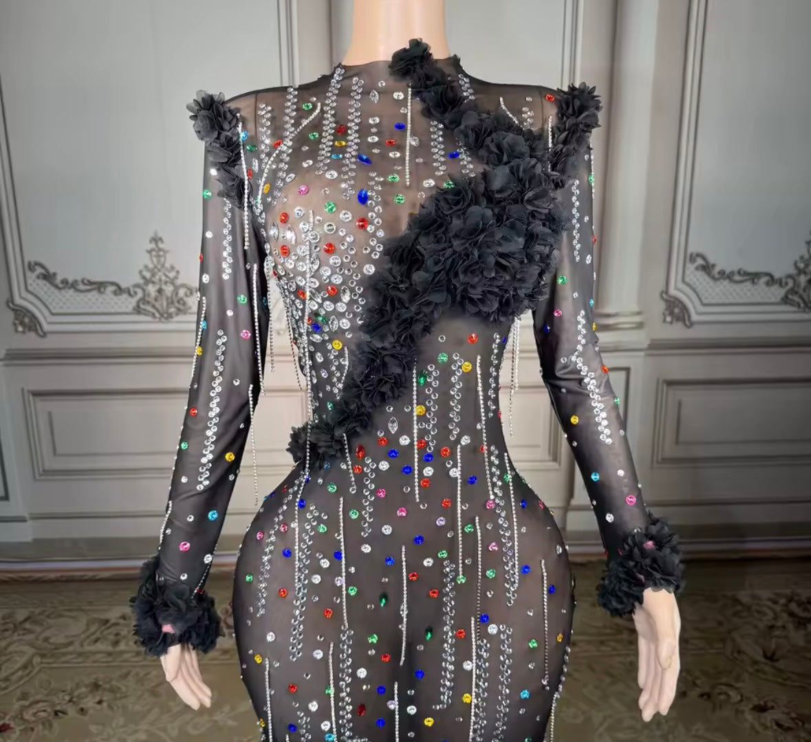 Sexy Black Colorful Rhinestone Full Sleeve Maxi Dress