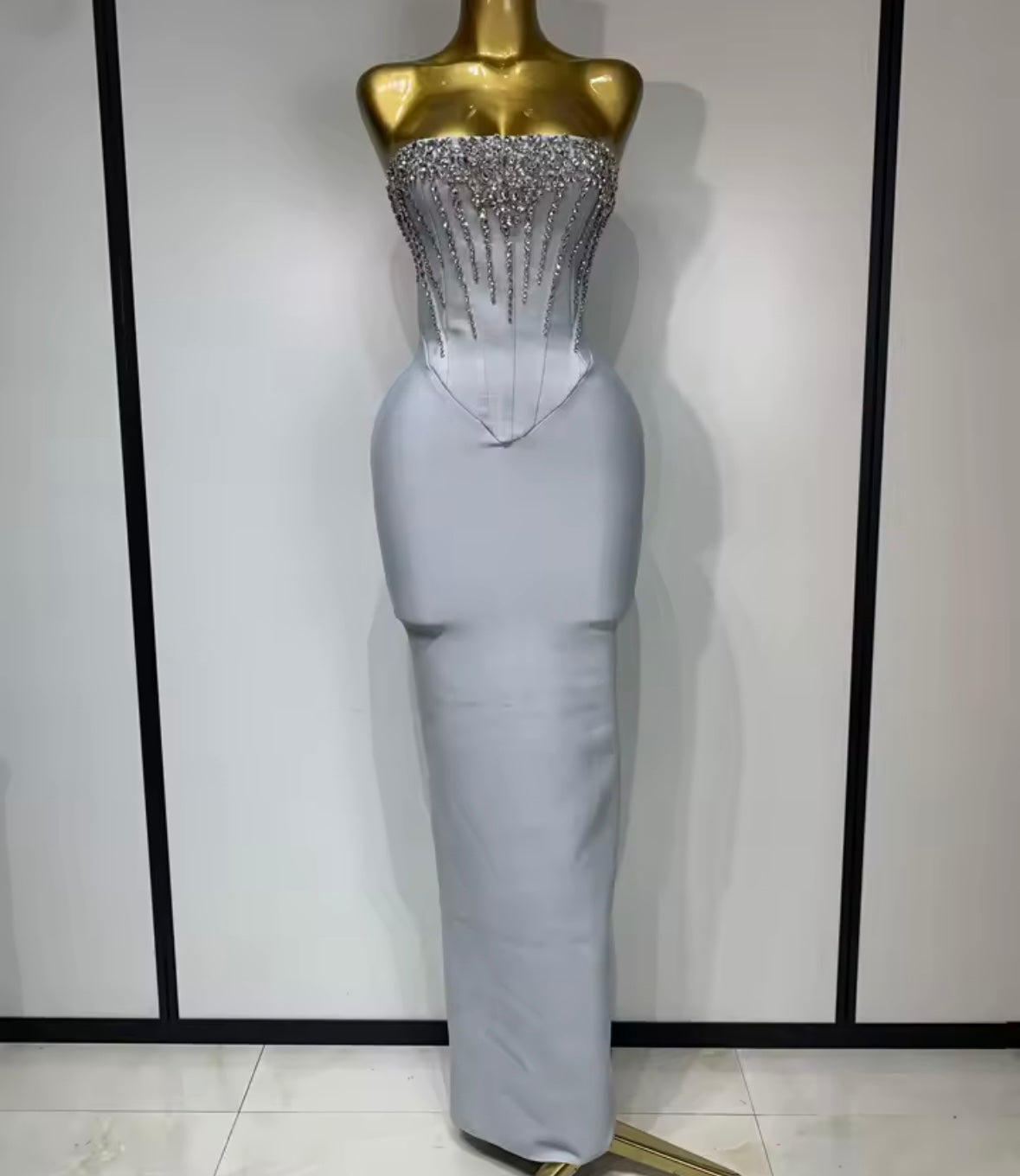 Elegant Light Gray Rhinestone Strapless Corset Maxi Dress