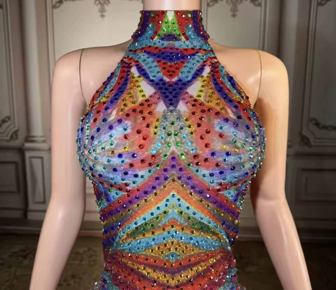 Multicolored Rhinestone Sexy Sleeveless Maxi Dress