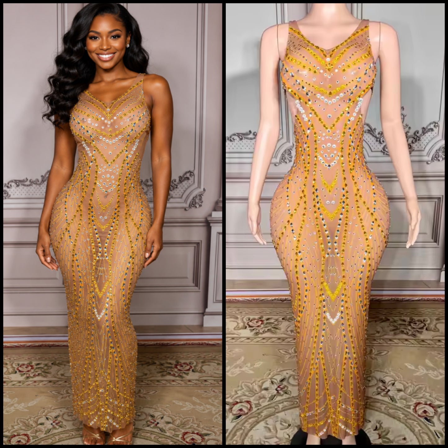 Sexy Sleeveless Rhinestone See Through Hollow Out Maxi Dress