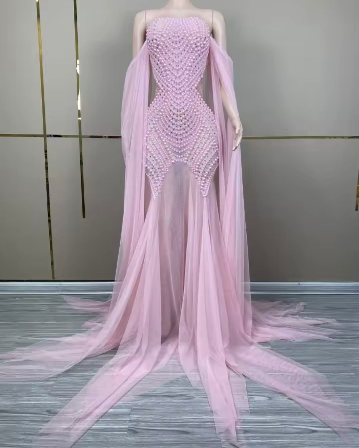 Sexy Strapless Beaded See Through Floor-Length Dress