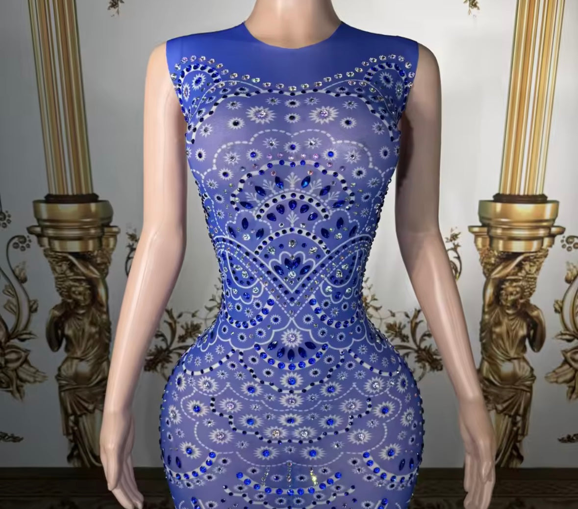 Sexy Blue Sleeveless Printed Rhinestone Maxi Dress