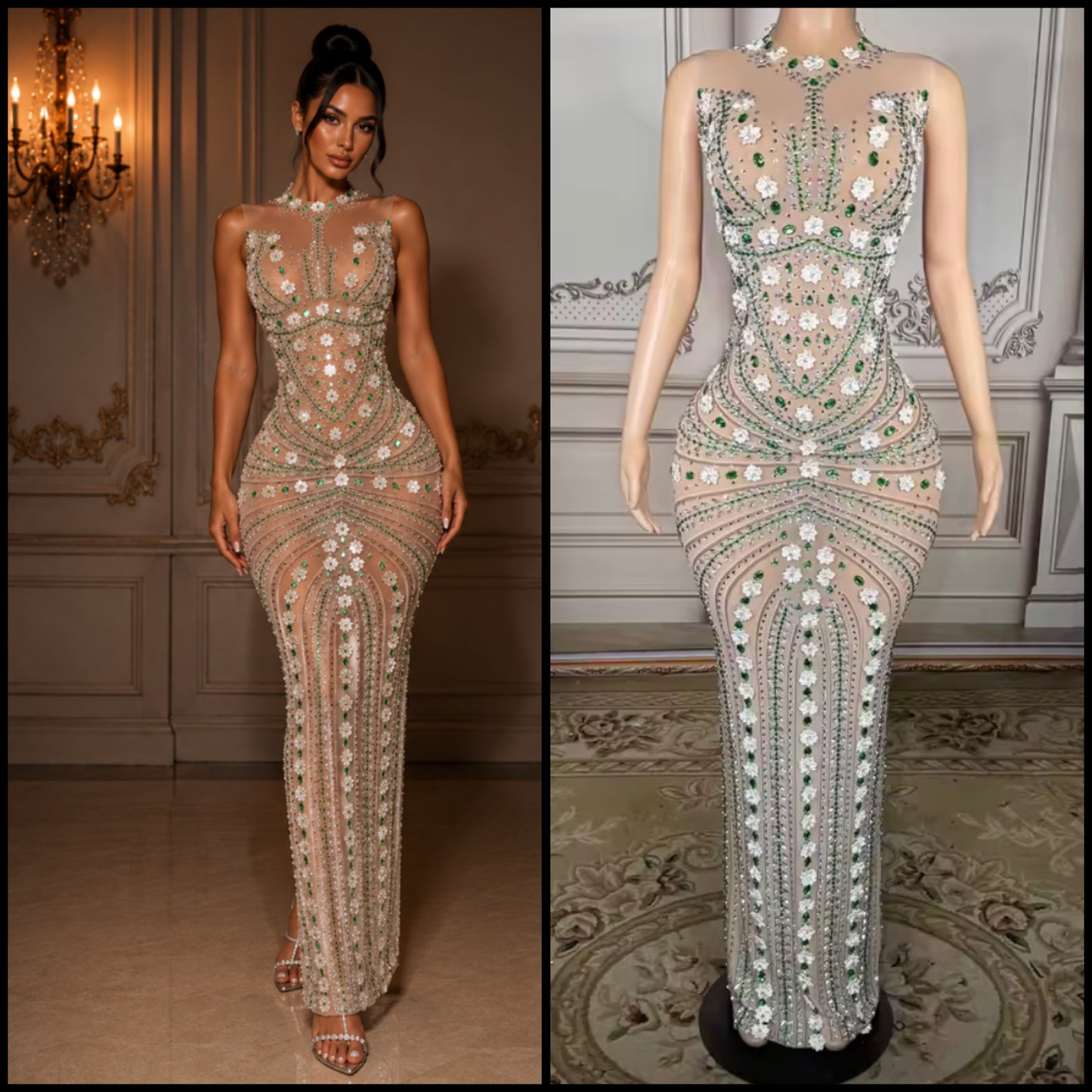 Sexy Sleeveless Floral Rhinestone Embellishment Maxi Dress