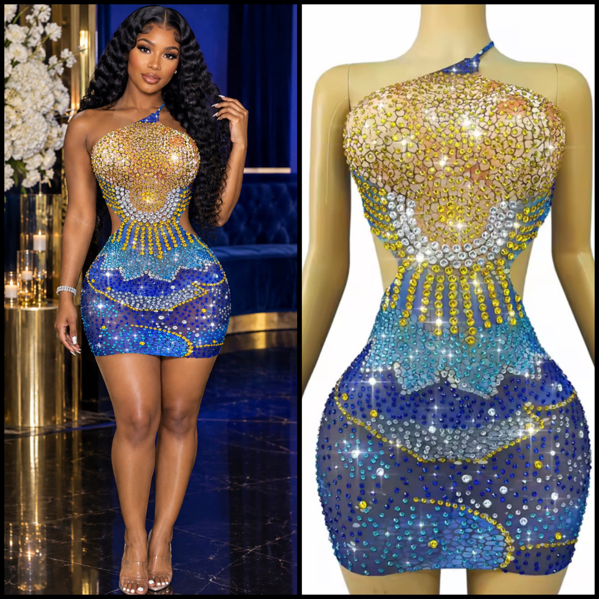 Sexy One Shoulder Sleeveless Open Back Rhinestone Dress