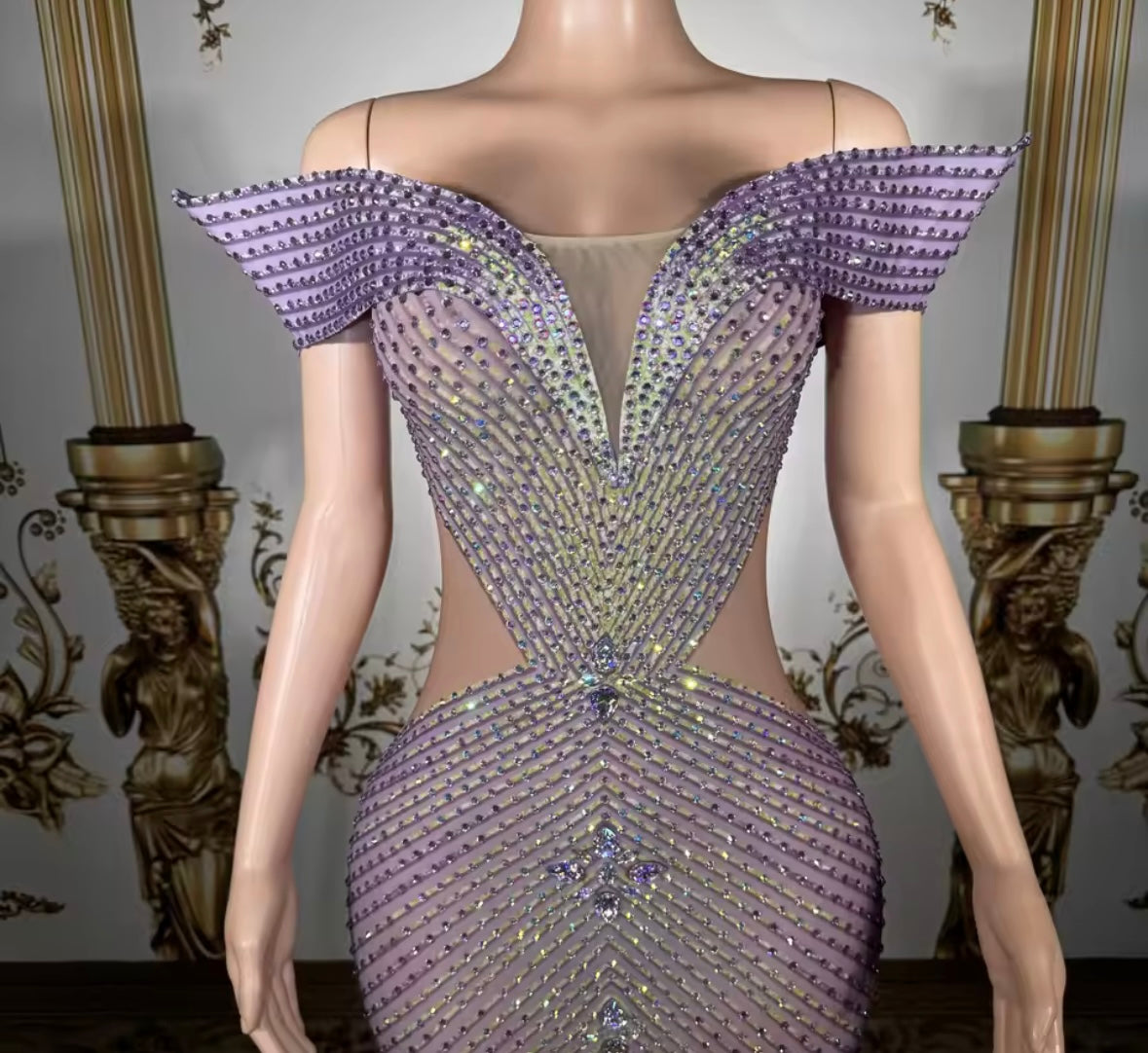 Purple Elegant Off The Shoulder Rhinestone Floor-Length Dress