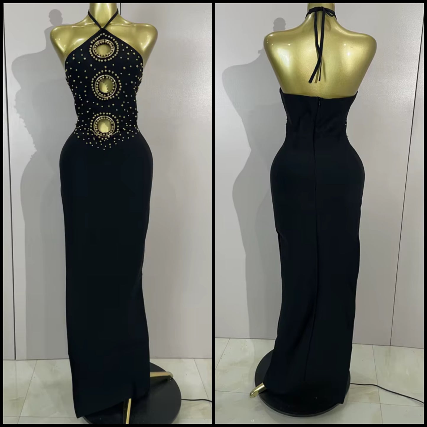 Sexy Black Beaded Halter Side Split Floor-Length Dress