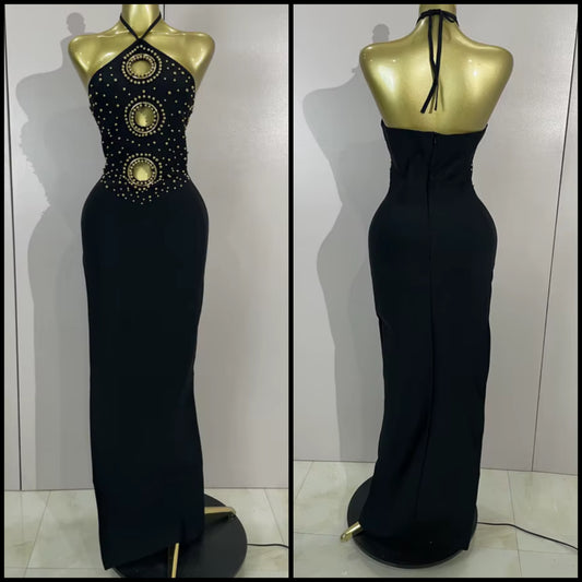 Sexy Black Beaded Halter Side Split Floor-Length Dress