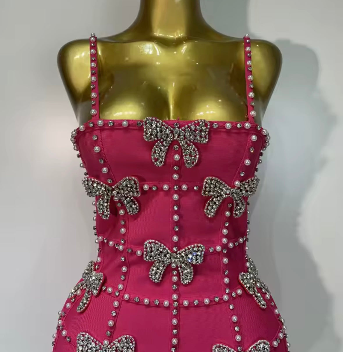 Pink Sleeveless Pearl Bow Rhinestone Dress