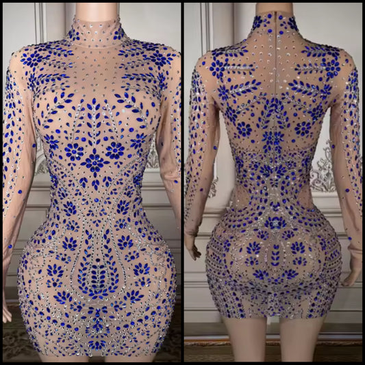 Blue Rhinestone Embellishment See Through Sexy Dress