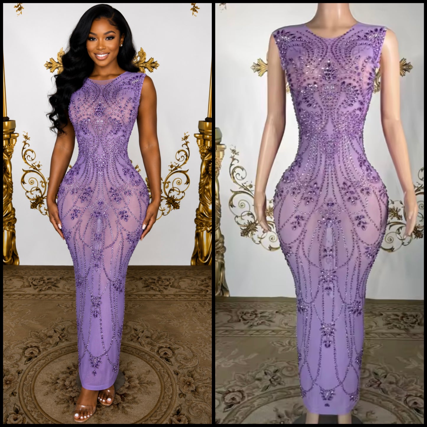 Purple Sleeveless Rhinestone Embellishment Sexy Maxi Dress
