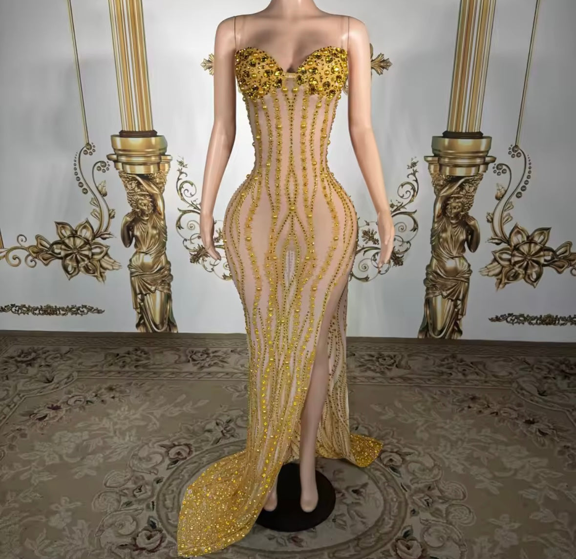 Sexy Sleeveless See Through Gold Rhinestone Side Split Maxi Dress