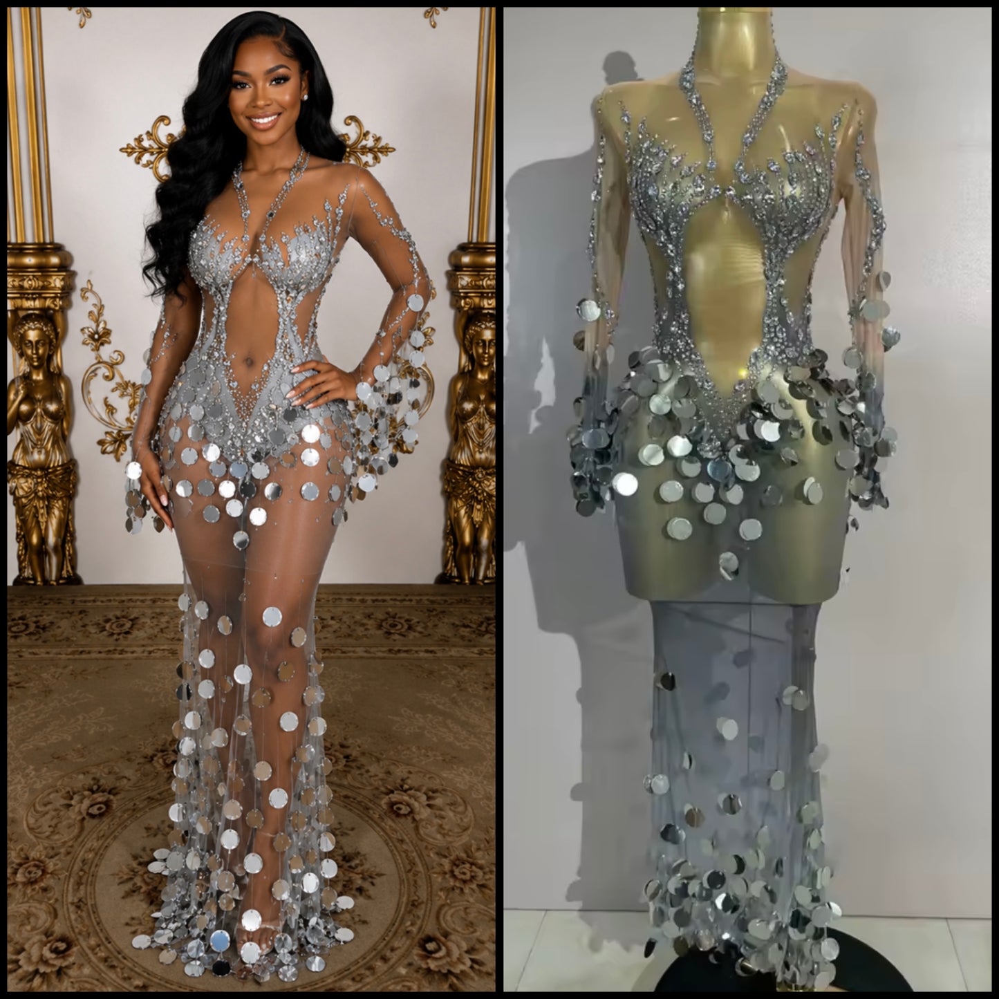 Sexy Sequins Rhinestone Silver Full Sleeve Maxi Dress
