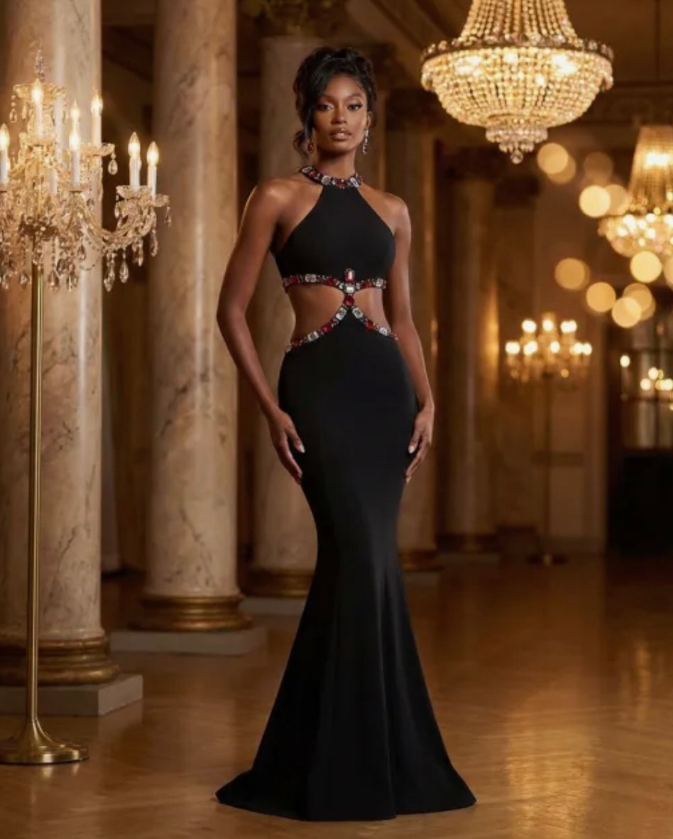 Elegant Black Halter Sleeveless Color Crystal Floor-Length Dress