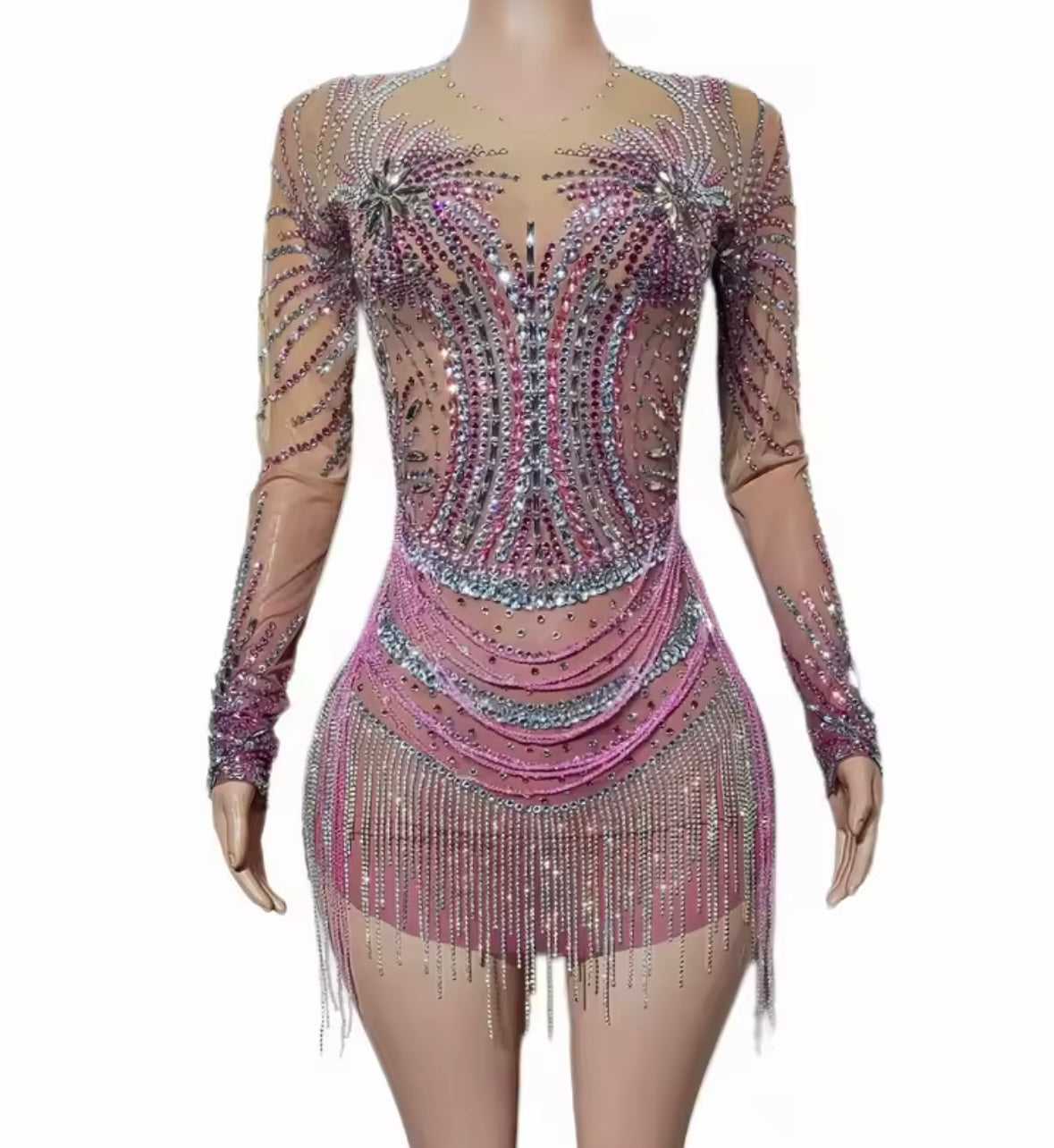 Sexy Multicolored Rhinestone Tassel Full Sleeve Short Dress