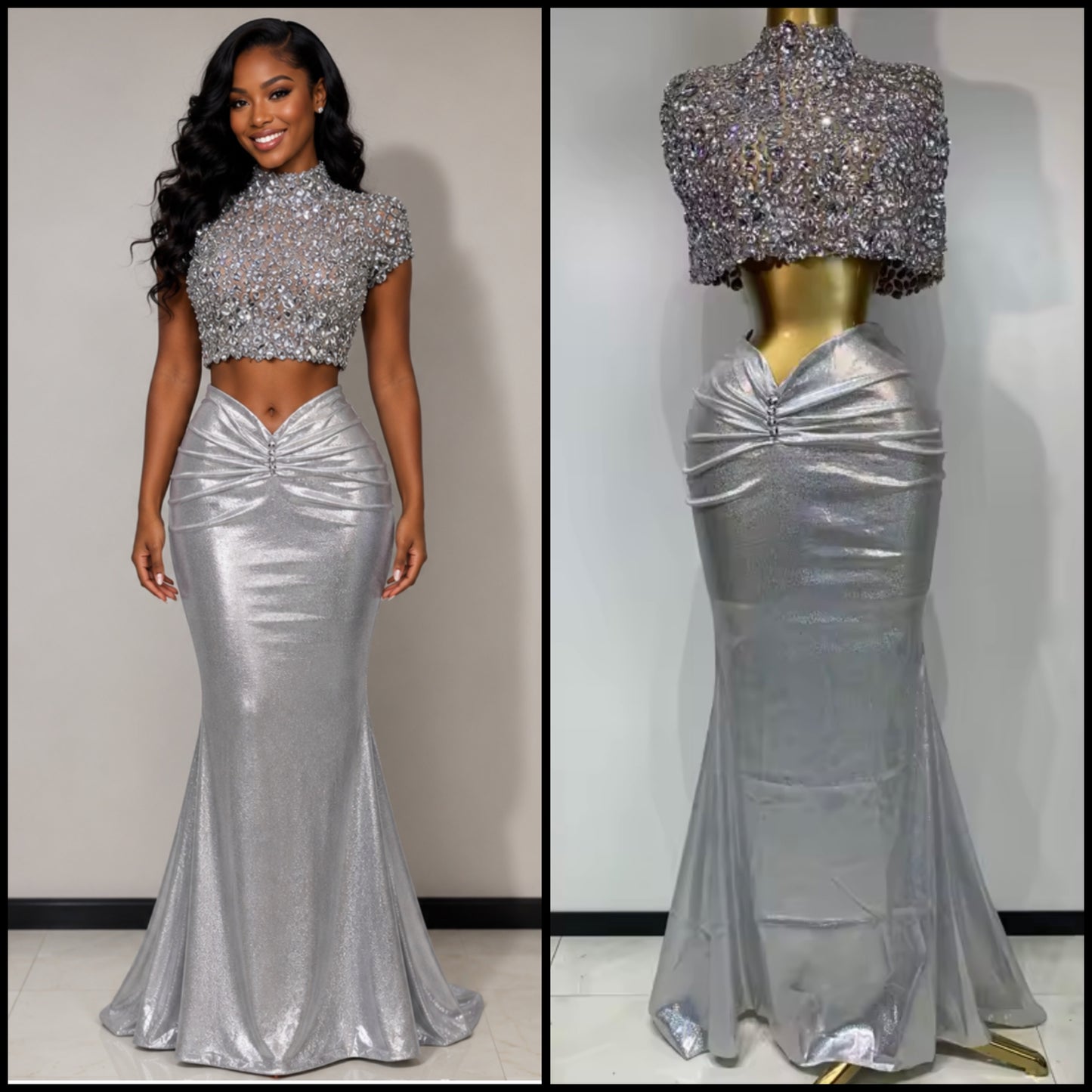 Silver Rhinestone Crop Sexy Ruched Maxi Skirt Set
