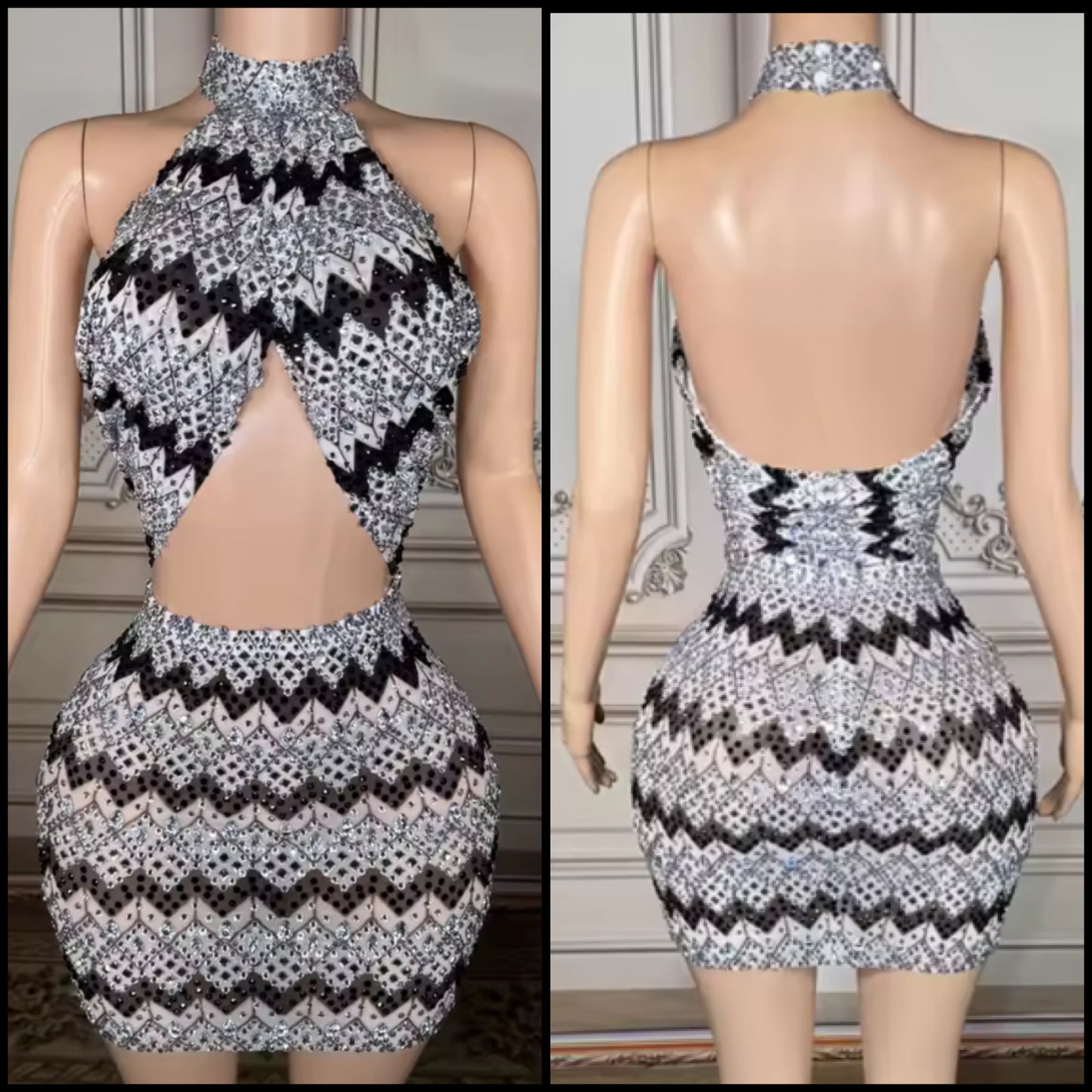 Sexy Halter Sleeveless Rhinestone Striped Short Dress