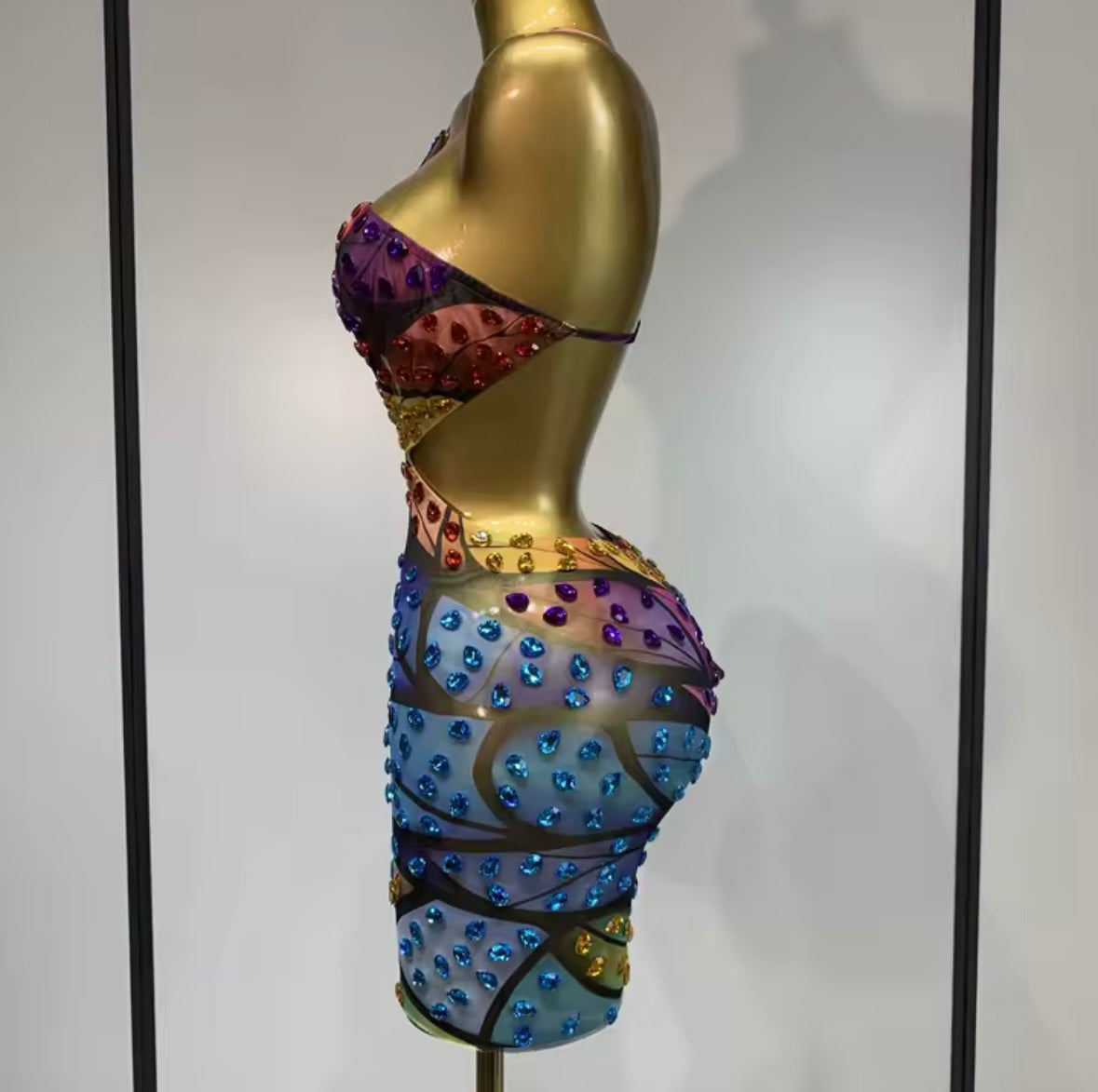 Sexy One Shoulder Sleeveless Multicolored Rhinestone Dress