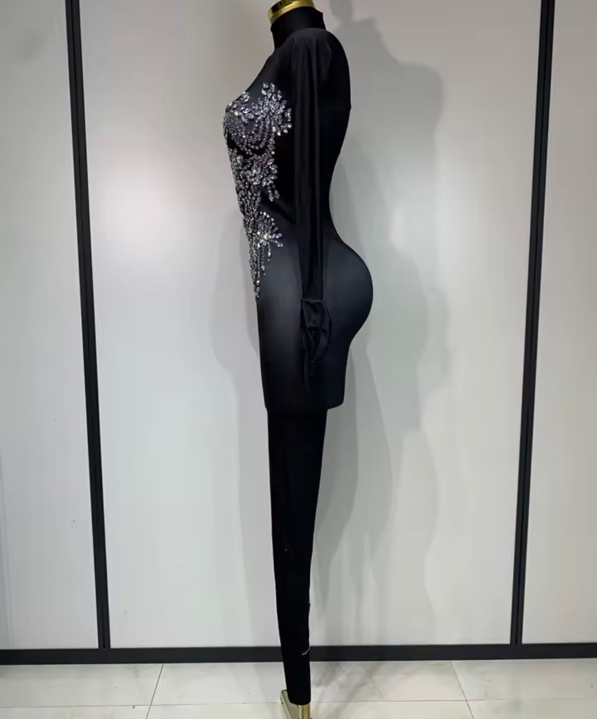Black Rhinestone Embellishment Sexy Glove Full Sleeve Jumpsuit