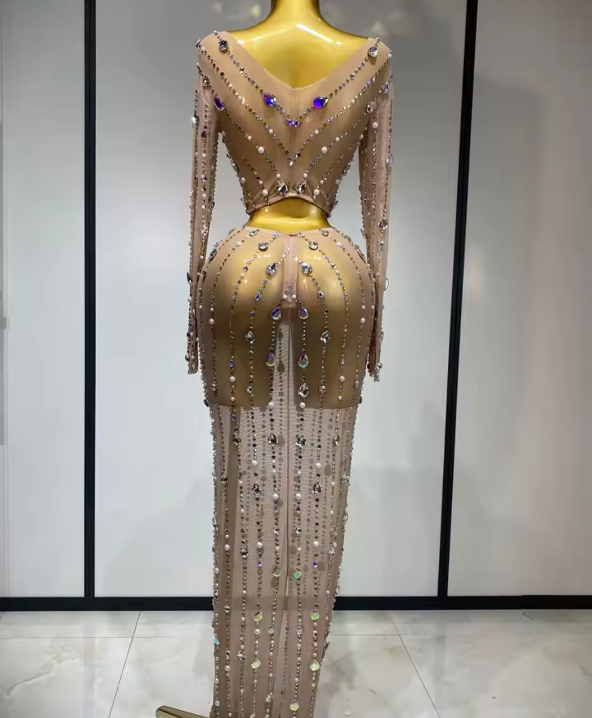 Sexy Beaded Color Crystal Full Sleeve Mesh Two Piece Maxi Skirt Set