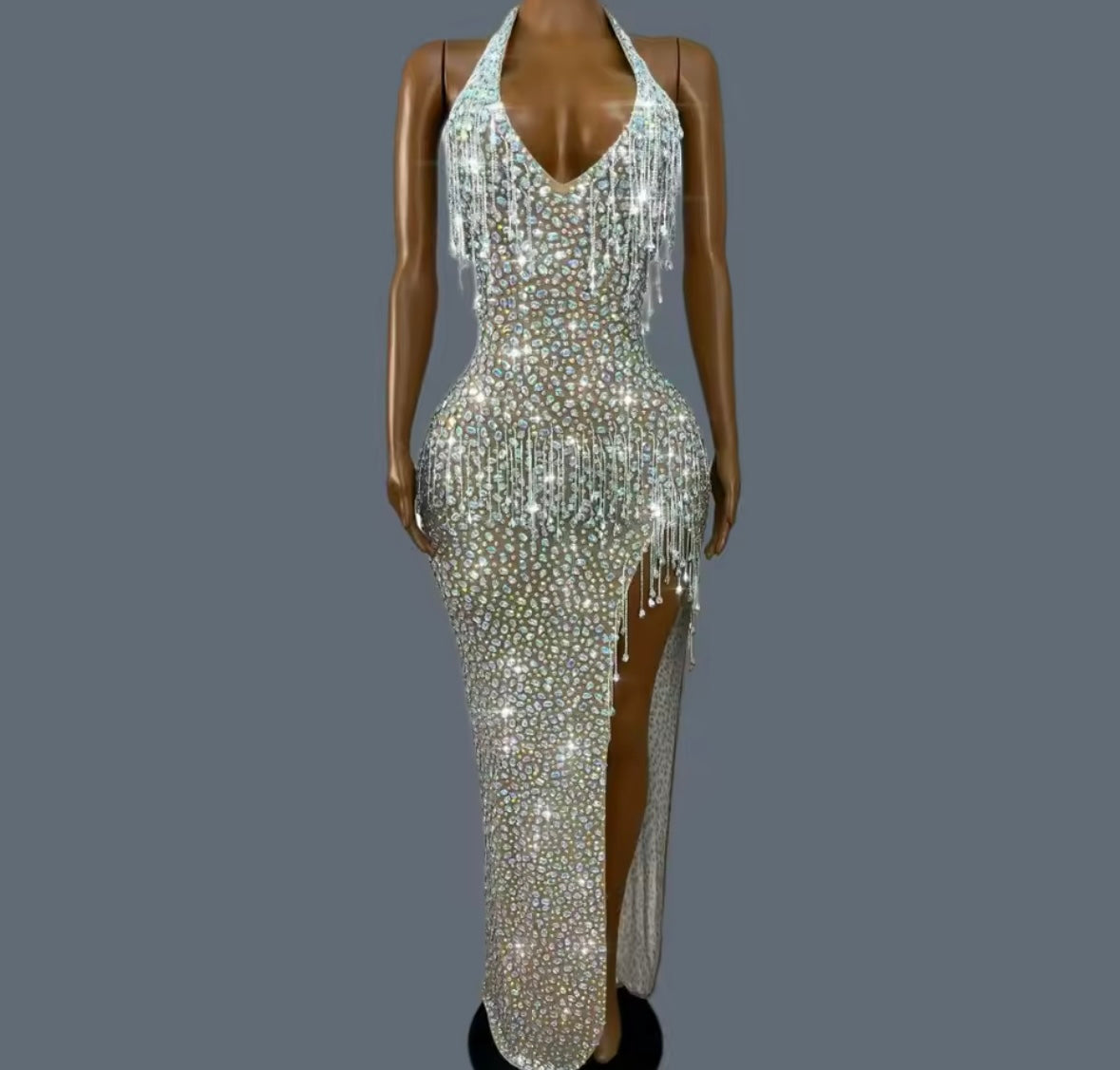 Sexy Sleeveless Rhinestone Tassel Side Split Maxi Dress