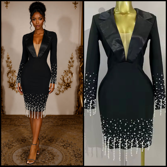 Elegant Black Pearl Full Sleeve Blazer Dress