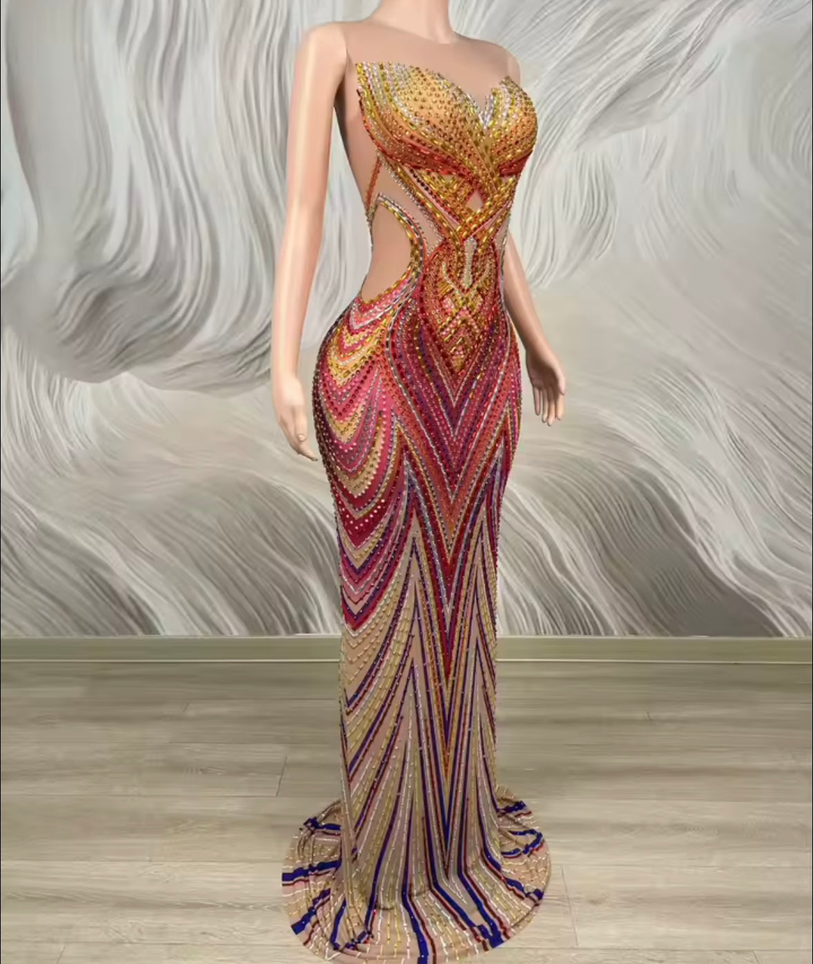 Elegant Multicolor Rhinestone Sleeveless Floor-Length Dress