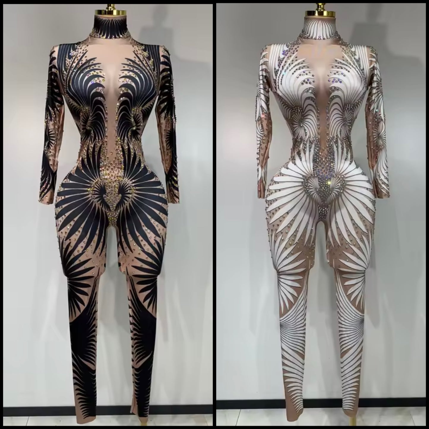 Sexy Rhinestone Embellishment Printed Full Sleeve Jumpsuit