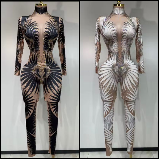 Sexy Rhinestone Embellishment Printed Full Sleeve Jumpsuit
