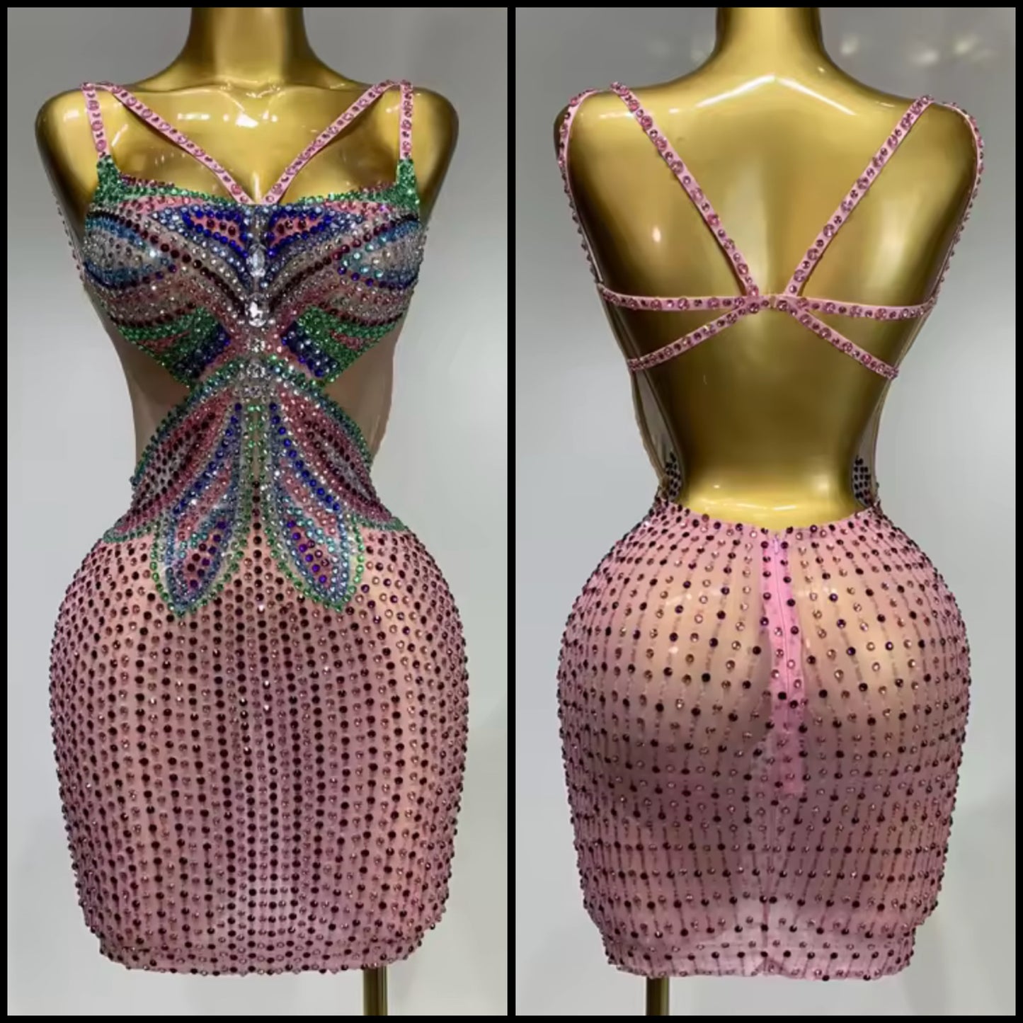 Sexy Sleeveless Multicolored Rhinestone See Through Dress