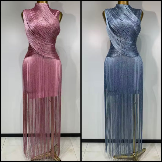 Elegant Sleeveless Fringe Tassel Maxi Dress